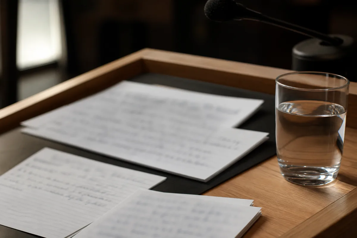 Notes de discours posées sur un pupitre en bois avant une prise de parole
