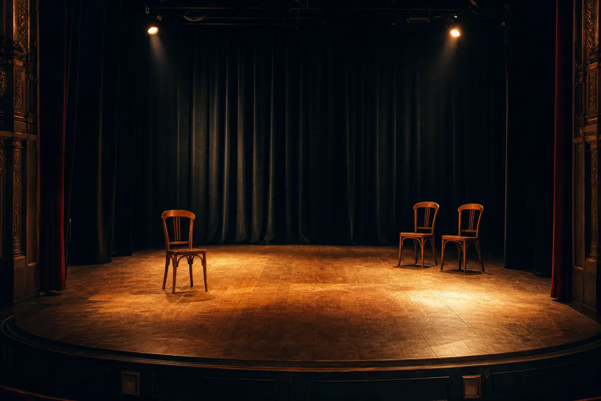 Scène de théâtre éclairée par des projecteurs avant un atelier d’improvisation