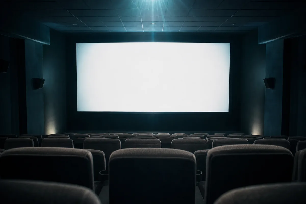 Salle de cinéma vide avec écran blanc lumineux et fauteuils rouges en rangées