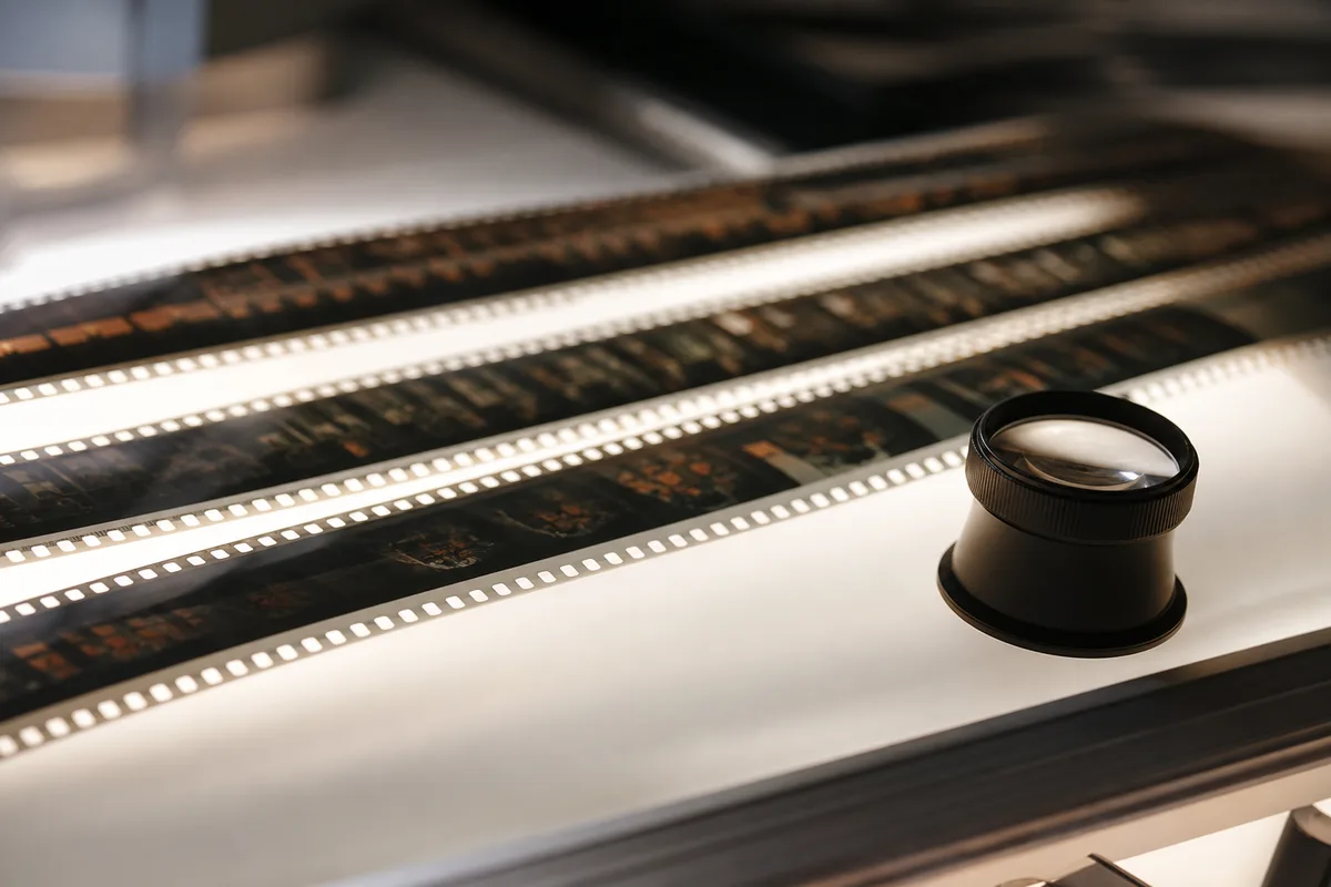 Pellicule de film 35 mm déroulée sur une table lumineuse de montage