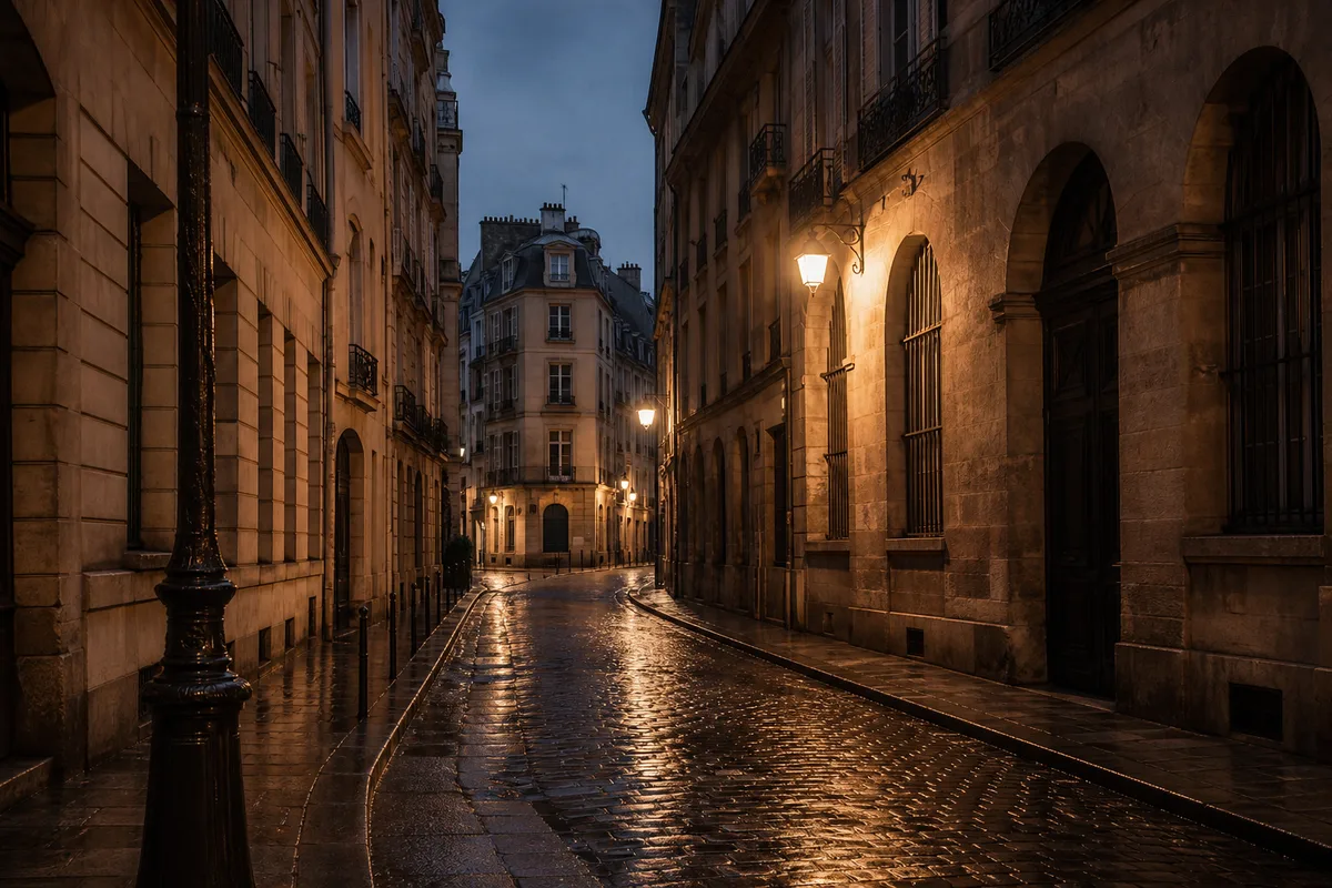 Rue parisienne pavée au crépuscule filmée dans une lumière contrastée de cinéma