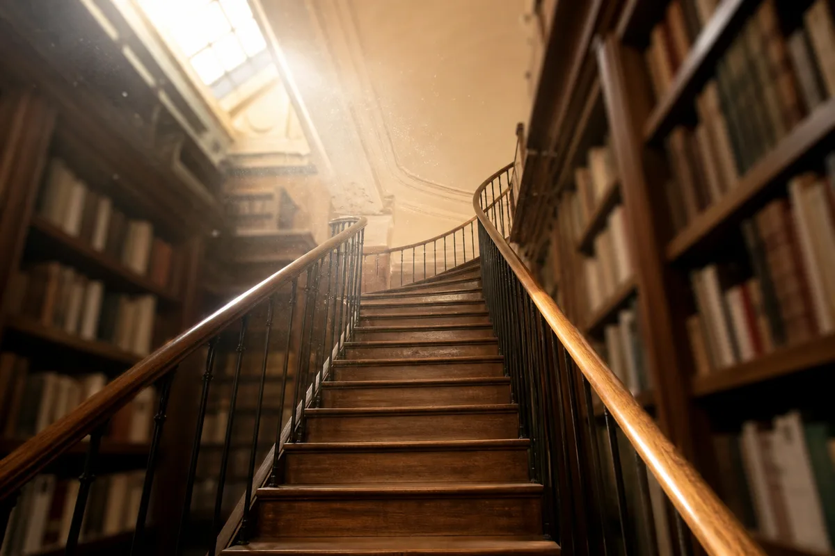 Escalier de bibliothèque en bois vu en contre-plongée, rayonnages adoucis par la profondeur de champ