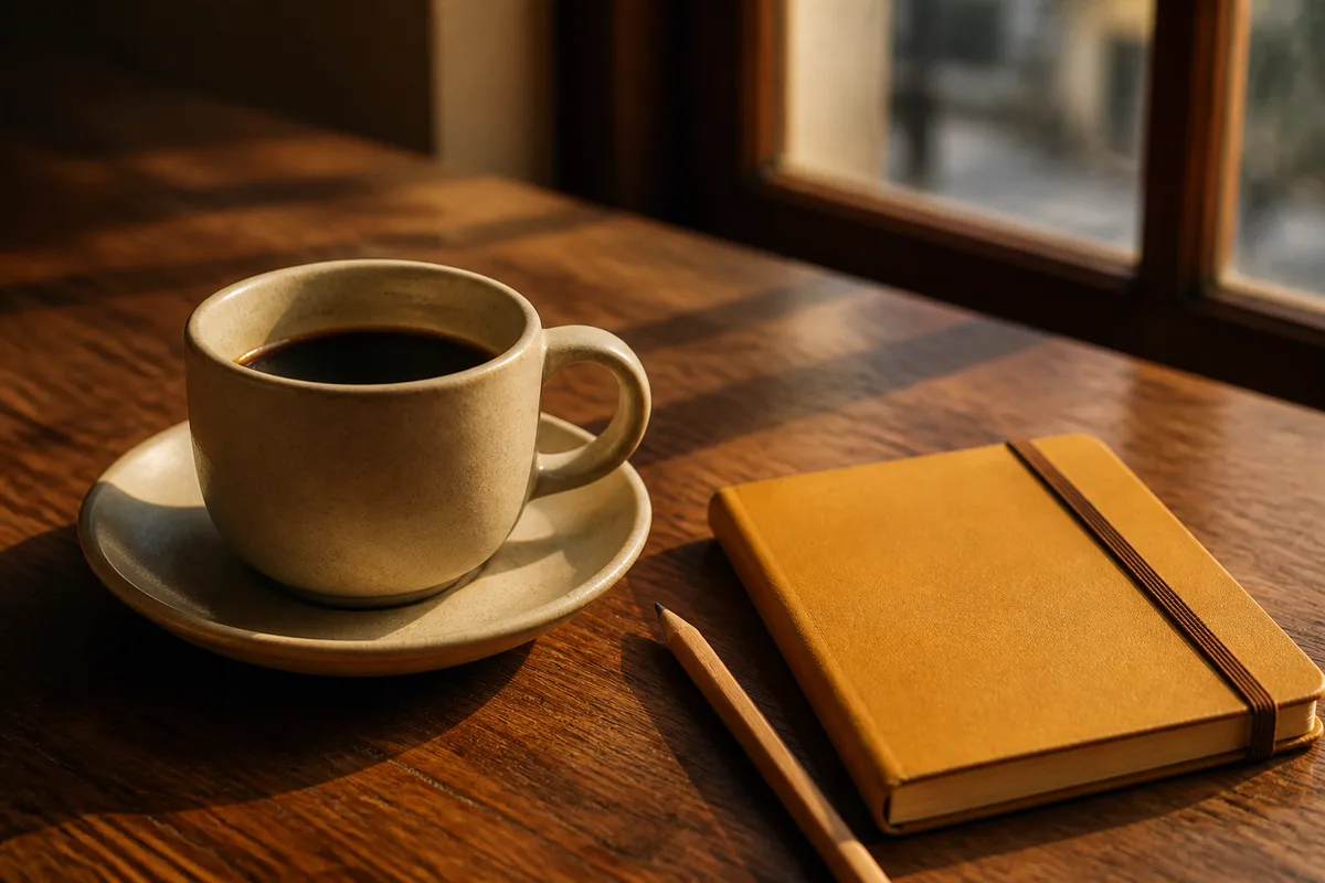Tasse de café et carnet fermé posés sur une table de bois près d’une fenêtre