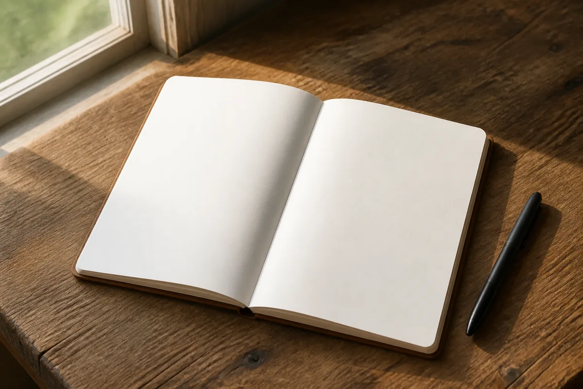 Carnet ouvert et stylo posés sur une table en bois près d&rsquo;une fenêtre, lumière du matin rasante