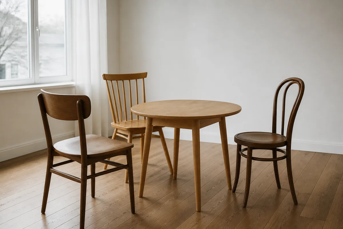Trois chaises dépareillées autour d&rsquo;une table ronde en bois, pièce lumineuse aux murs clairs