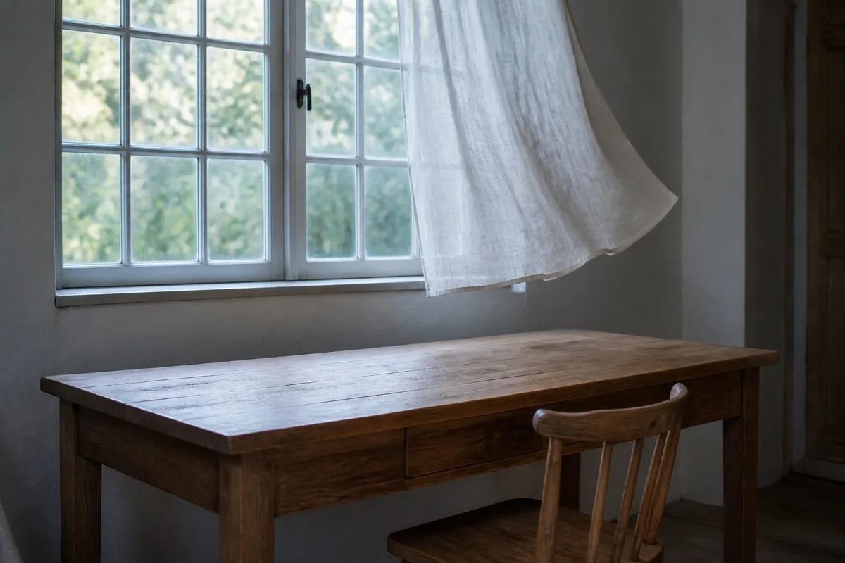 Table de travail en bois placée sous une fenêtre, chaise vide et rideau clair soulevé par un courant d&rsquo;air, lumière du petit matin