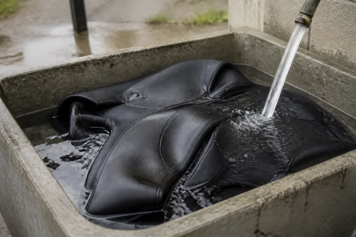 Combinaison néoprène rincée à l’eau douce dans une bassine après une session