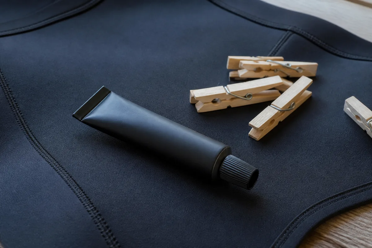 Tube de colle noire et pinces à linge posés sur un panneau de néoprène