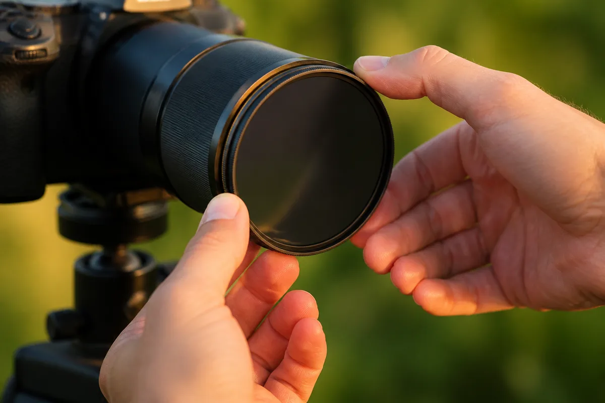 Mains ajustant un filtre à densité neutre variable sur un objectif hybride posé sur trépied, lumière rasante de fin de journée