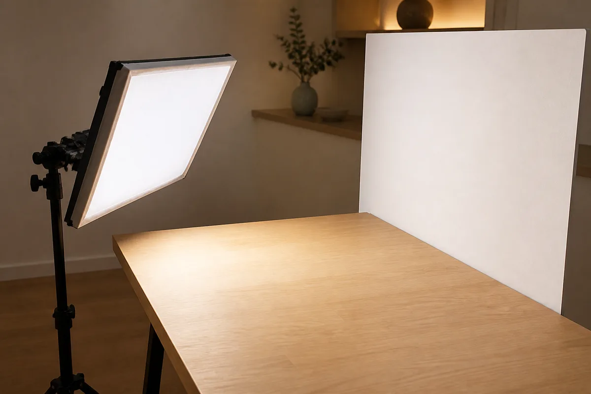 Panneau LED diffusé éclairant un plan de travail en bois avec un carton blanc en réflecteur, ambiance intérieure chaude