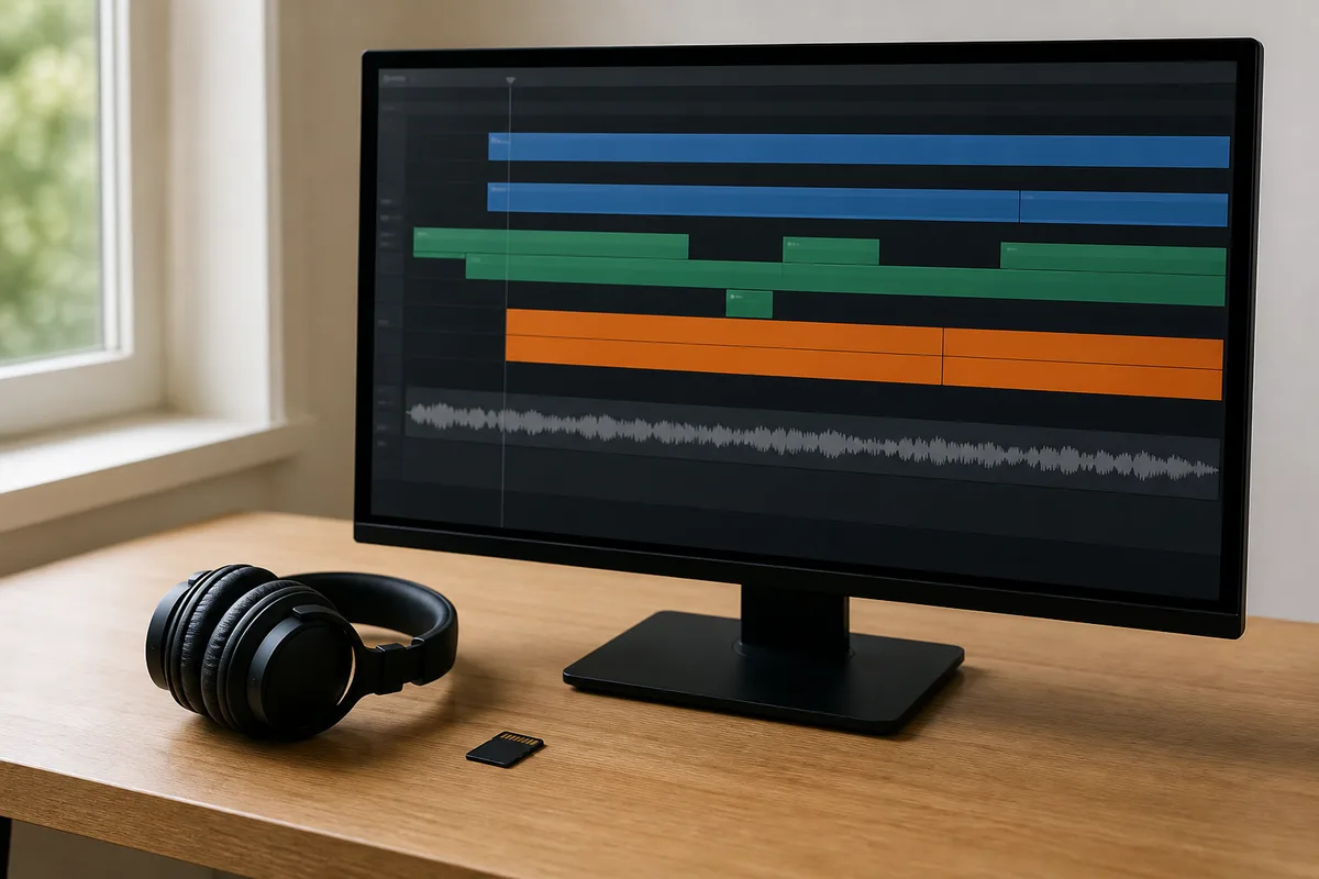 Écran d&rsquo;ordinateur affichant une timeline de montage colorée sans caractères, casque audio posé à côté sur un bureau clair