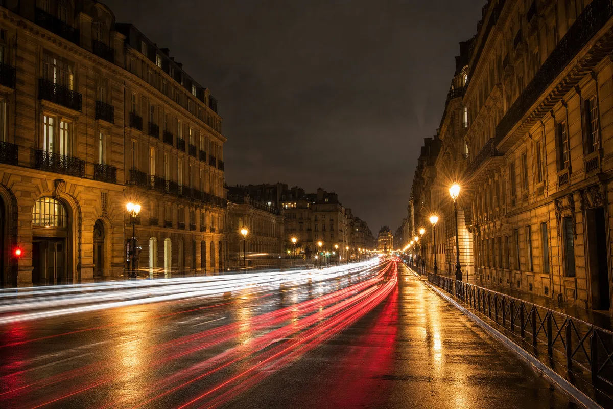 Filés de phares rouges et blancs sur un boulevard français la nuit, façades en pierre et chaussée mouillée